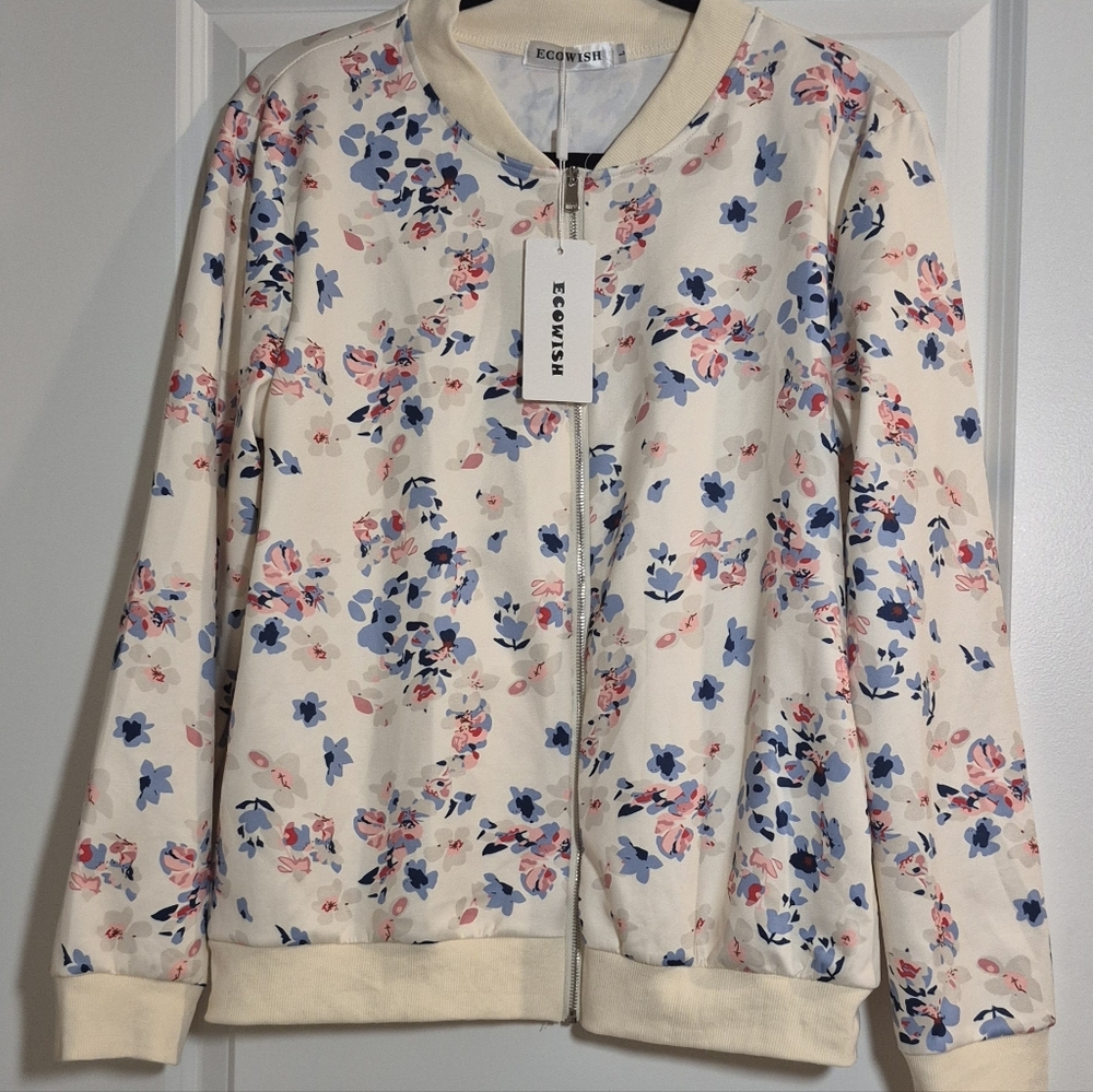 Ecowish Women's Floral Bomber Jacket - Cream and Pink